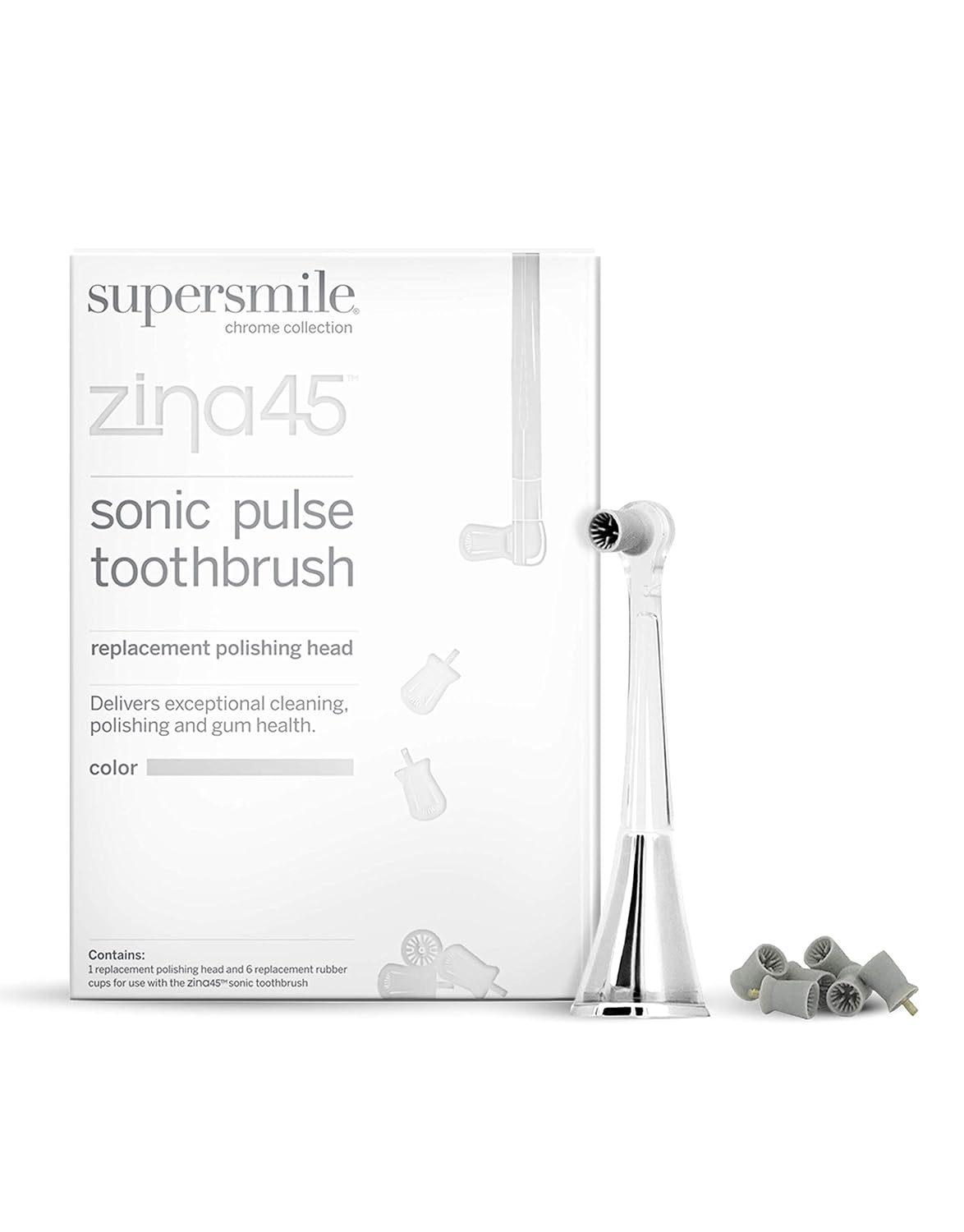 Supersmile Zina45 Replacement Polishing Head, Silver, Professional Tooth Polisher with Silicone Prophy Cup, Fits Zina45 Sonic Toothbrush, Enamel Safe