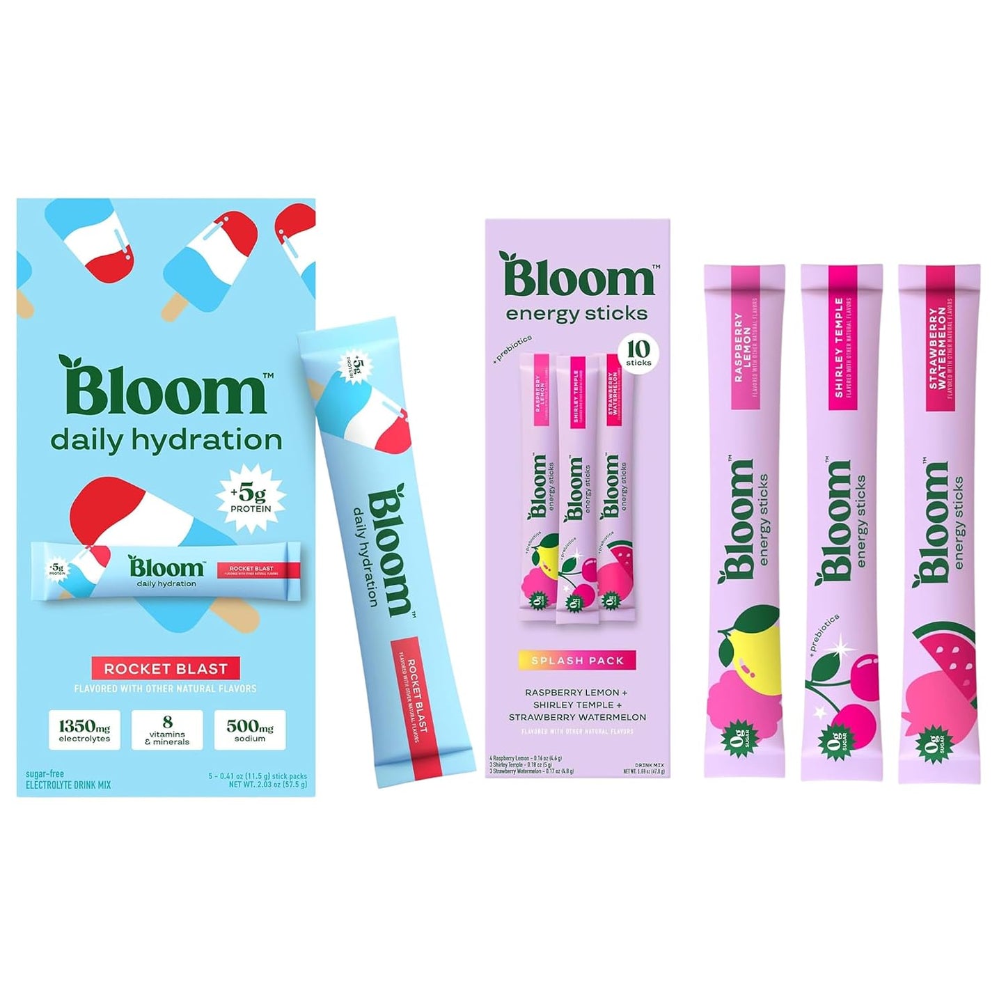Bloom Energy Sticks Variety Pack and Hydration Sticks Rocket Blast Bundle