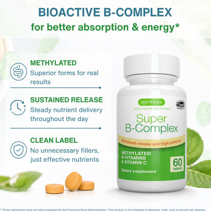Igennus High Absorption Super B-Complex Methylated & Active B Vitamins | Sustained Release, Clean Label, Energy, Mood & Cognitive Performance, Methylfolate & Methyl B12, Lab Verified, 60 Tablets