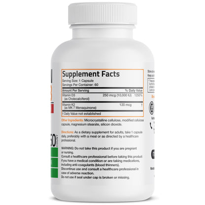 Bronson Vitamin K2 D3 (MK7) Extra Strength D3 & K2 Complex, 120 Capsules | Bone, Immune & Heart Health Support, Gluten Free, Soy Free, Non-GMO, Vitamin D3 10,000IU (250 mcg) & 120 mcg K2 MK-7