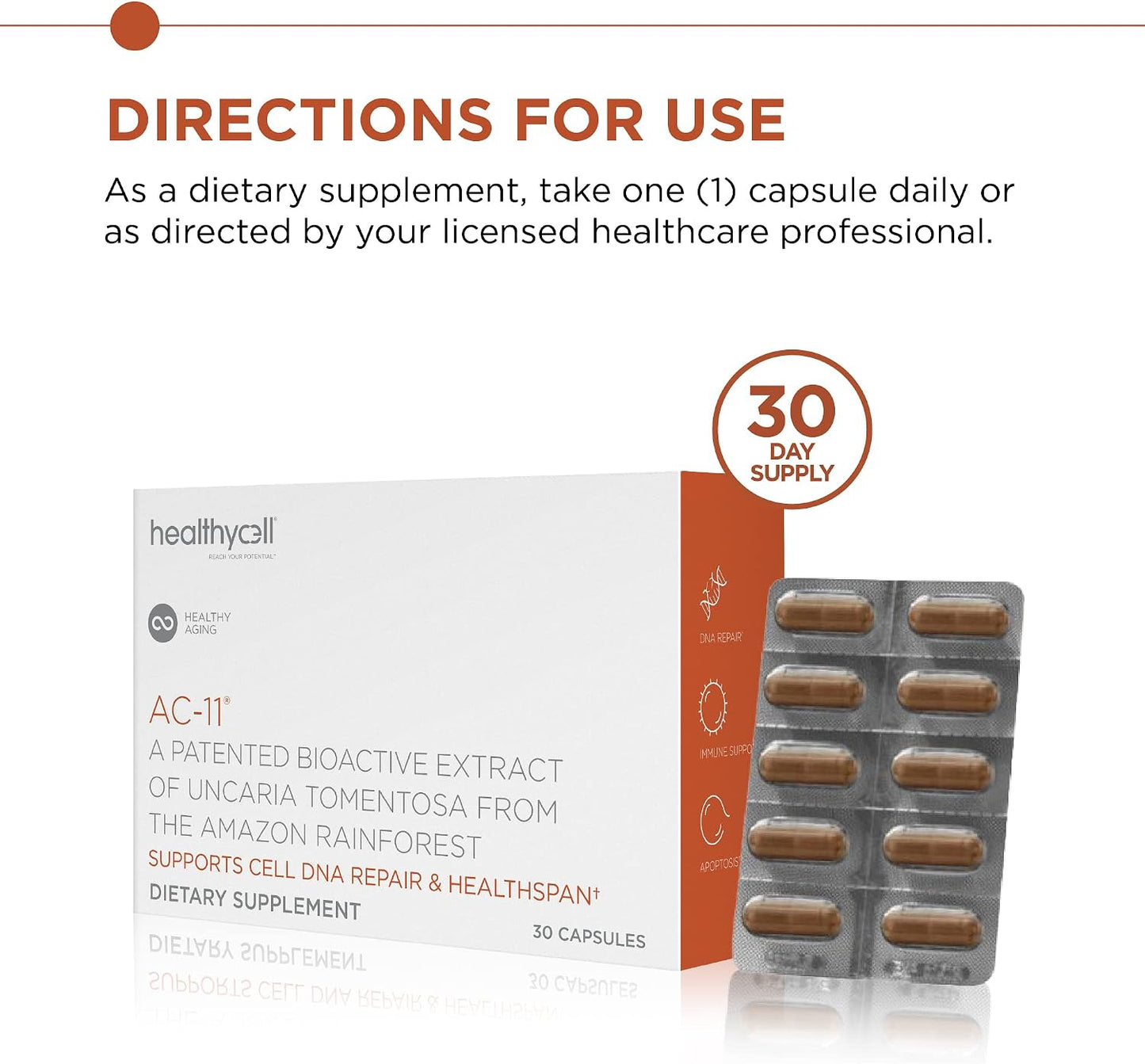 Healthycell Telomere Length + AC-11 | Anti-Aging & DNA Repair Supplement | Telomere Length + AC-11 DNA Repair Supplements - Advanced Anti-Aging & Cellular Health Support for Longevity