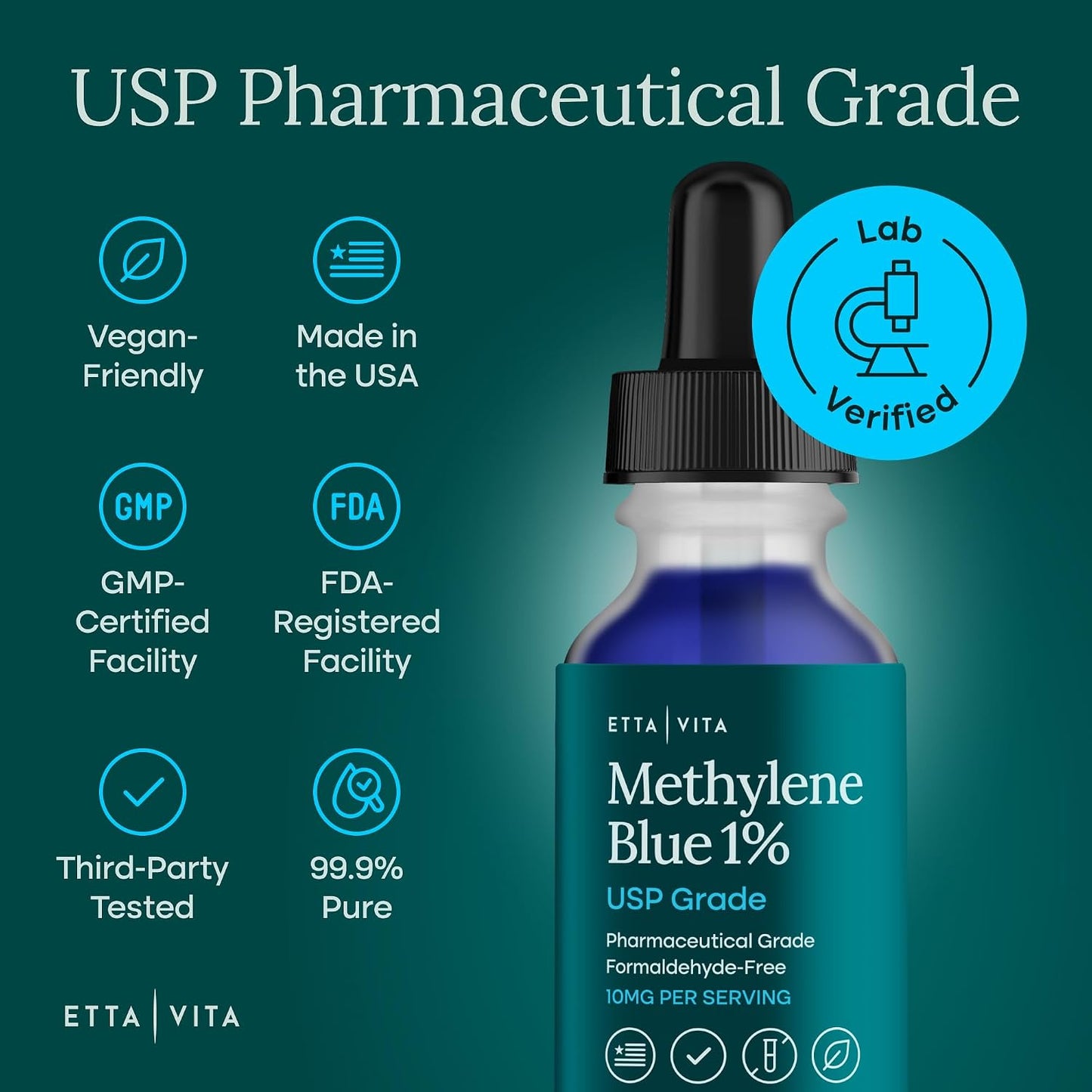 Methylene Blue Drops - USP Pharmaceutical Grade 99.99% Pure 1% Solution for Energy, Focus, Clarity, Cognition & Cellular Support - 3rd Party Tested, Formaldehyde-Free, Made in USA, 2oz Tincture