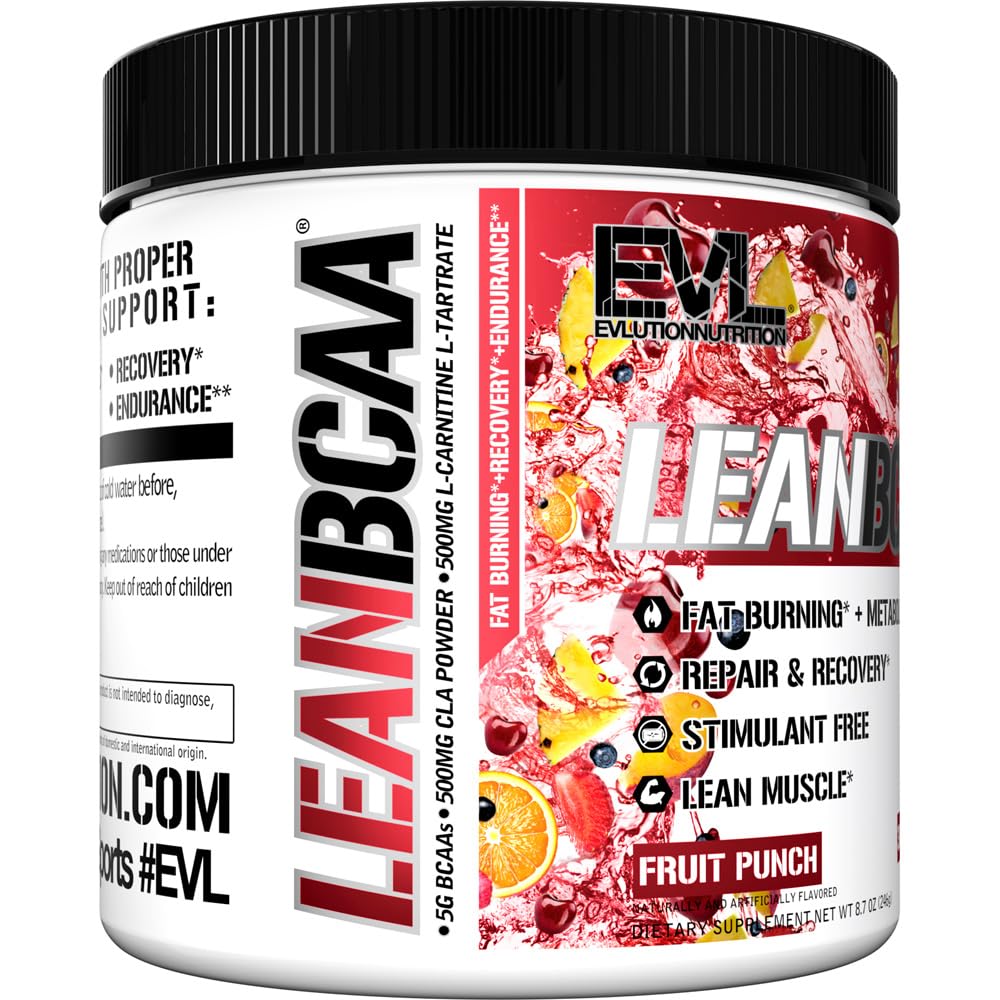 Stimulant Free Lean BCAA Powder - Evlution Nutrition BCAAs Amino Acids Powder with CLA Carnitine and 2:1:1 Branched Chain Amino Acids Supports Muscle Recovery Fat Burn and Metabolism - Fruit Punch