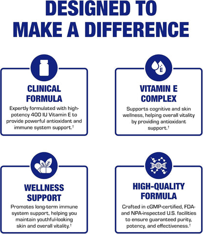 Vitamin E 400 IU Softgels - Clinical Formula Natural Vitamin E Supplement Complex with d-Alpha Tocopherol & Mixed Tocopherols for Hair Skin & Nails Plus Antioxidant Immune Support - 90 Servings