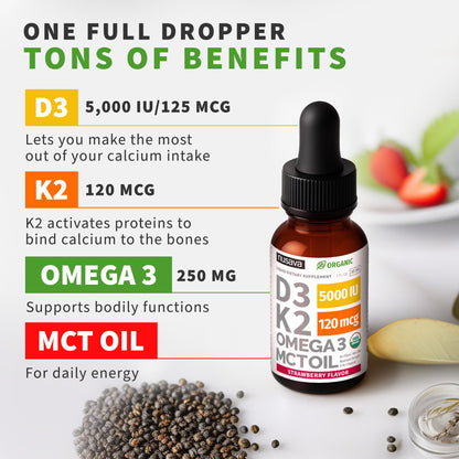(2 Pack) Organic Vitamin D3 K2 Drops with MCT Oil & Omega 3 - Liquid Vitamin D3 5000 IU - K2 D3 Vitamin Supplement - Vitamin D Drops for Women & Men - No Fillers, Non-GMO, GMP, Unflavored (2 Fl Oz)