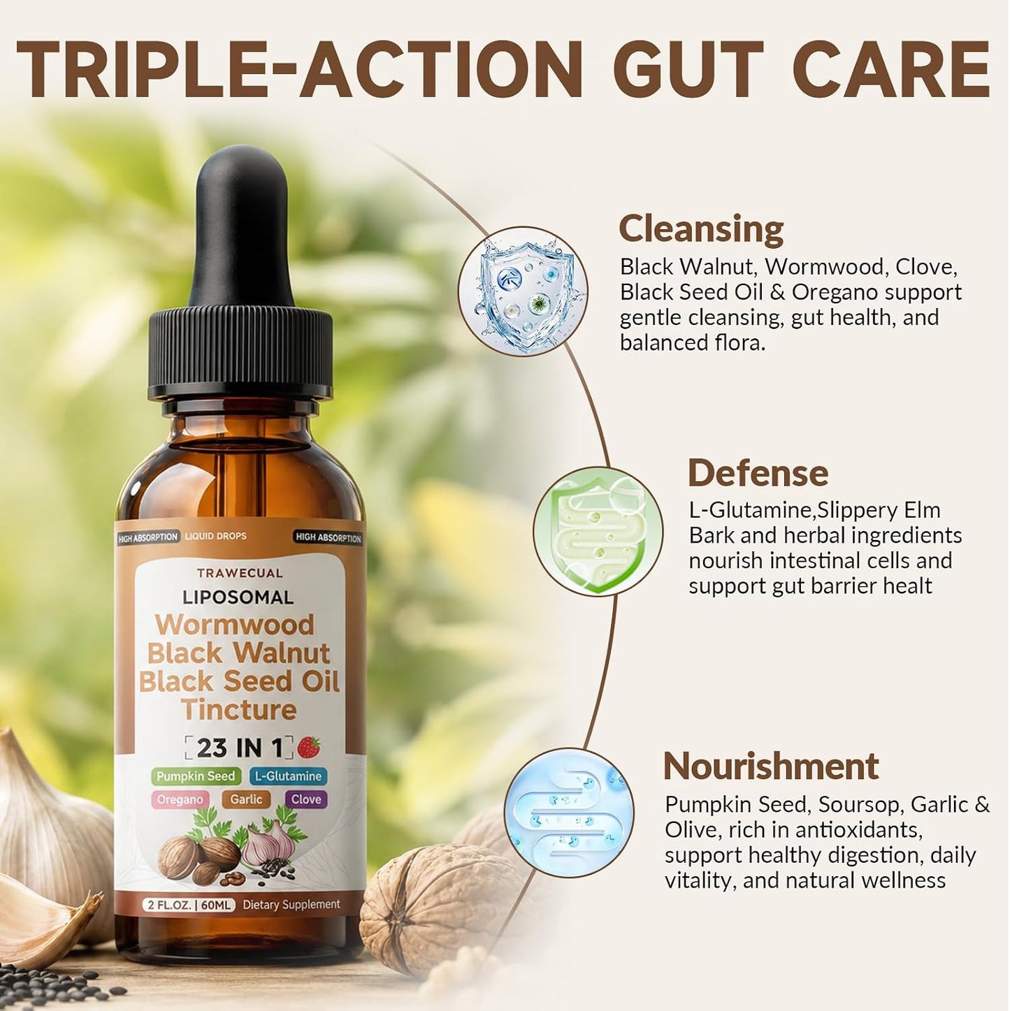 Black Walnut Wormwood Black Seed Oil Cleanse Tincture, 23-in-1 Gentle Gut Detox & Digestive Health Support with Clove, Pumpkin Seed, Oregano, Berberine - Liposomal, Raspberry Flavor, 2FL