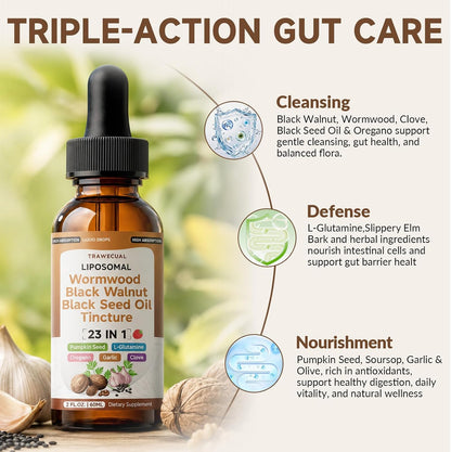 Black Walnut Wormwood Black Seed Oil Cleanse Tincture, 23-in-1 Gentle Gut Detox & Digestive Health Support with Clove, Pumpkin Seed, Oregano, Berberine - Liposomal, Raspberry Flavor, 2FL