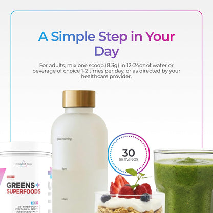 Livingood Daily Greens & Superfood Powder, Super Greens for Gut Health, Green Juice Powder with Spirulina, Chlorella, and Digestive Enzymes, Probiotics for Digestive Support, Berry, 30 Servings