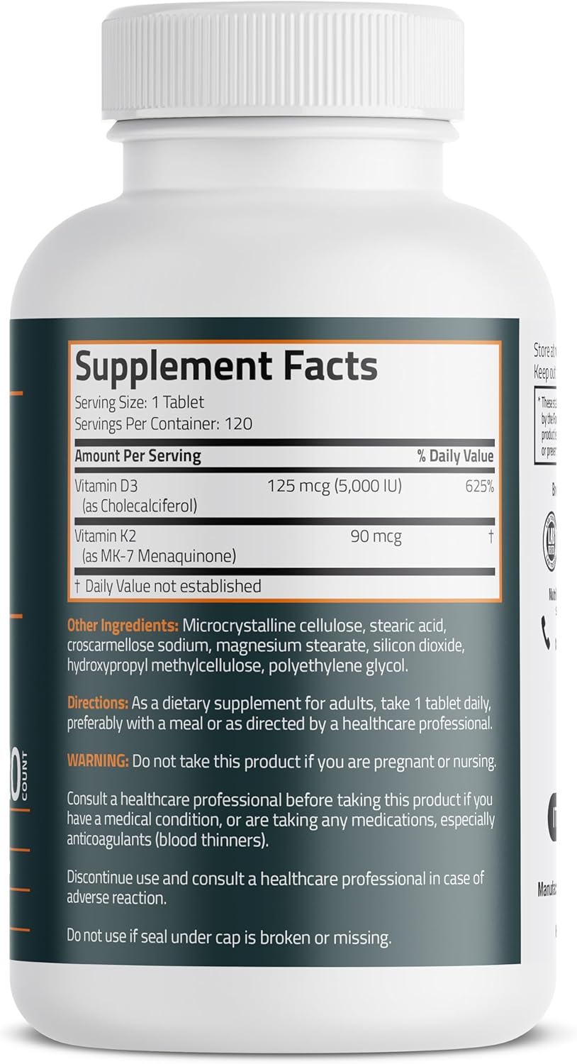 Bronson Vitamin K2 D3 (MK7) Supplement 2-in-1 D3 & K2 Complex, 120 Tablets | Bone, Immune & Heart Health Support, Gluten-Free, Soy-Free, Non-GMO, Vitamin D3 5000 IU (125 mcg) & 90 mcg K2 MK-7