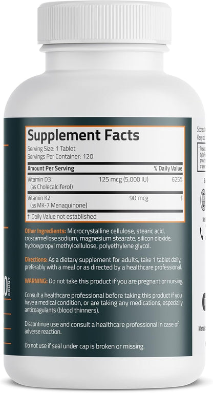 Bronson Vitamin K2 D3 (MK7) Supplement 2-in-1 D3 & K2 Complex, 120 Tablets | Bone, Immune & Heart Health Support, Gluten-Free, Soy-Free, Non-GMO, Vitamin D3 5000 IU (125 mcg) & 90 mcg K2 MK-7
