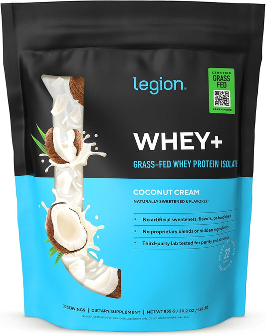 LEGION Whey+ Whey Isolate Protein Powder from Grass Fed Cows - Low Carb, Low Calorie, Non-GMO, Lactose Free, Gluten Free, Sugar Free, All Natural Whey Protein Isolate, 30 Servings (Coconut Cream Pie)