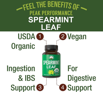 Peak Performance USDA Organic Spearmint Capsules. Organic Vegan Spearmint Leaf Pills for Digestive Support, Ingestion, and More. USA Tested Supplement for Women and Men.
