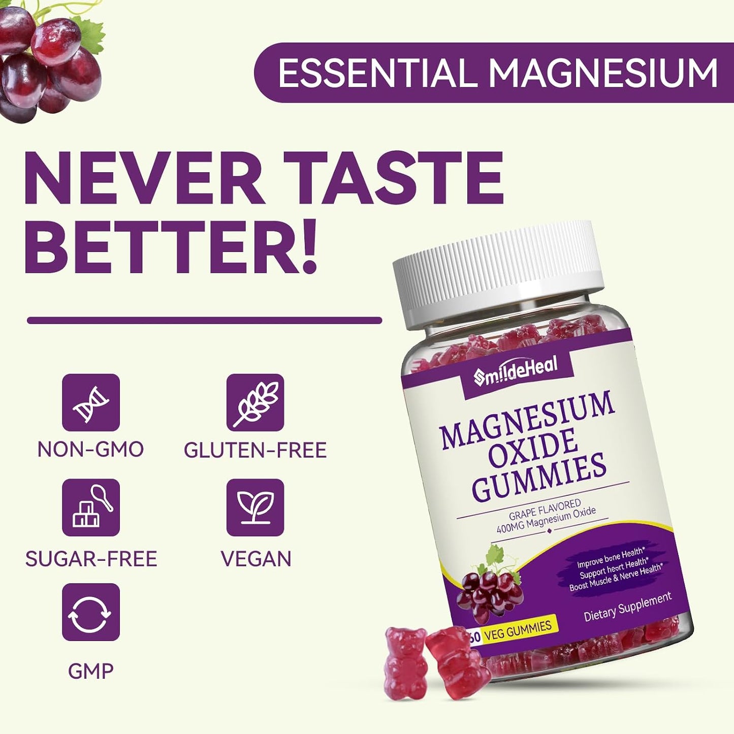 Magnesium Oxide Gummies 400mg - Magnesium Gummies for Women & Adults | Chewable Magnesium Supplement for Nerve & Muscle Support* | Sugar-Free, Vegan | 60 Gummies