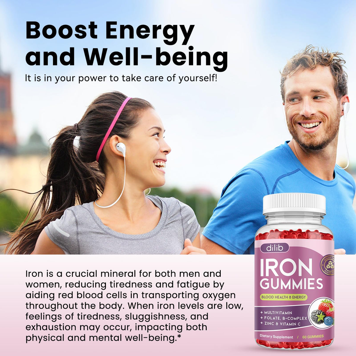 Iron Gummies with Multivitamin, Iron Supplement for Women & Men with Zinc, Vitamin B Complex & C, B12, Folate - Blood Builder & Energy Support for Adults & Kids - Strawberry Flavor, Vegan 60 Gummies