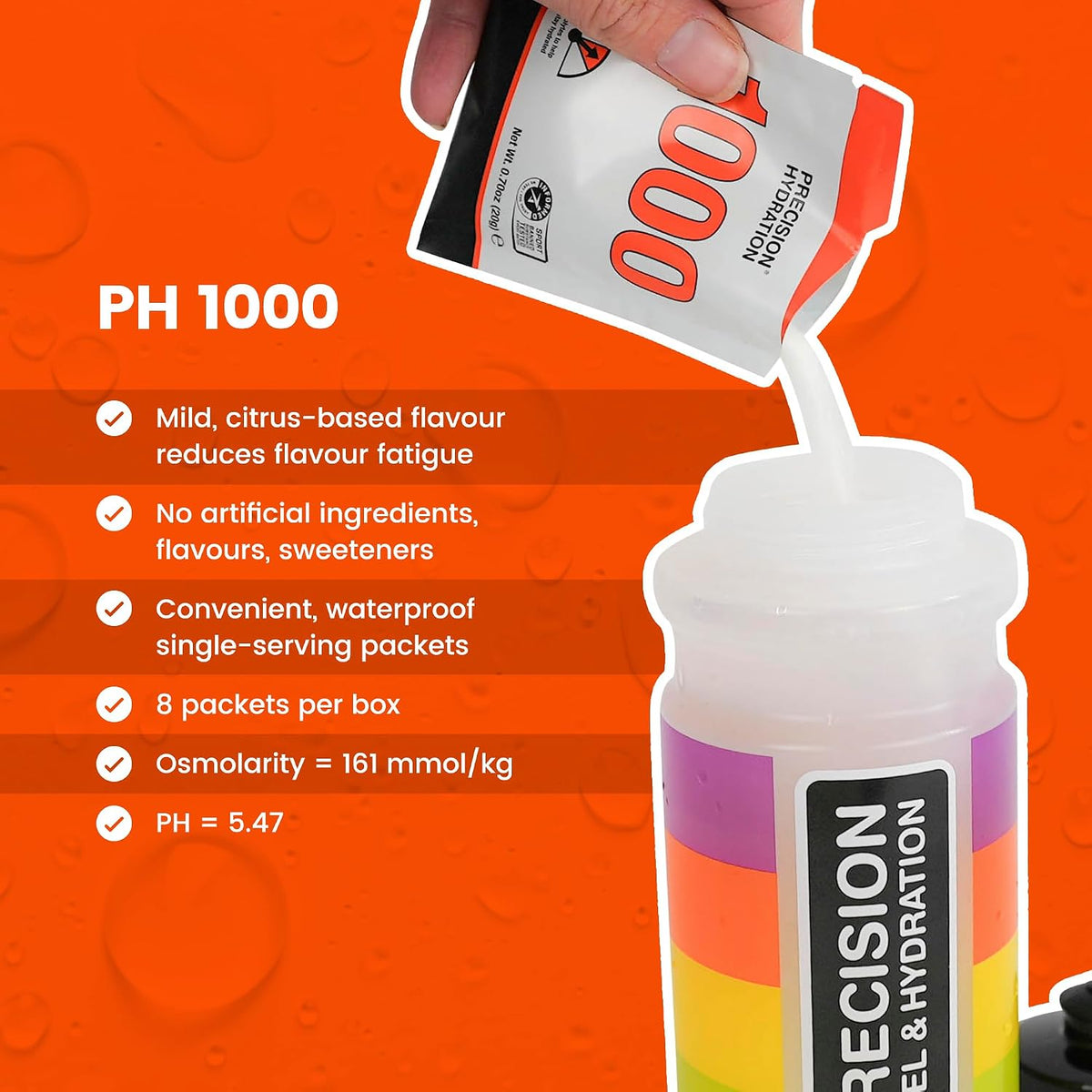 Precision Hydration Electrolyte Powder - No Artificial Ingredients, Multi Strength Hydration Packets - Individual Waterproof Servings - Gluten/Dairy Free, 1 Box (8 Packets, 1000mg/L-Orange)