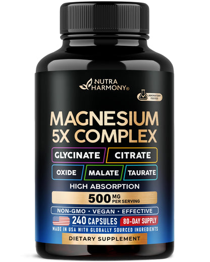 Magnesium Supplement - 5 in 1 Complex | Glycinate | Citrate | Malate | Taurate | Oxide - for Women & Men - Stress, Muscle & Heart Support - Vegan, Natural, Non-GMO - 180 Capsules, 2 Month Supply