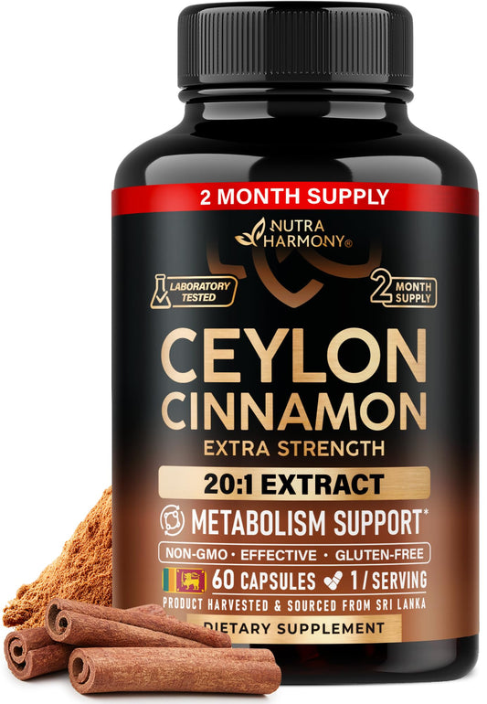 Ceylon Cinnamon Capsules - Extra Strength - Energy Heart & Metabolism Support for Men & Women - Pure Natural Cinnamon 20:1 Extract Supplement - GMO & Gluten Free - Lab Tested - 60 Capsules 2 Month