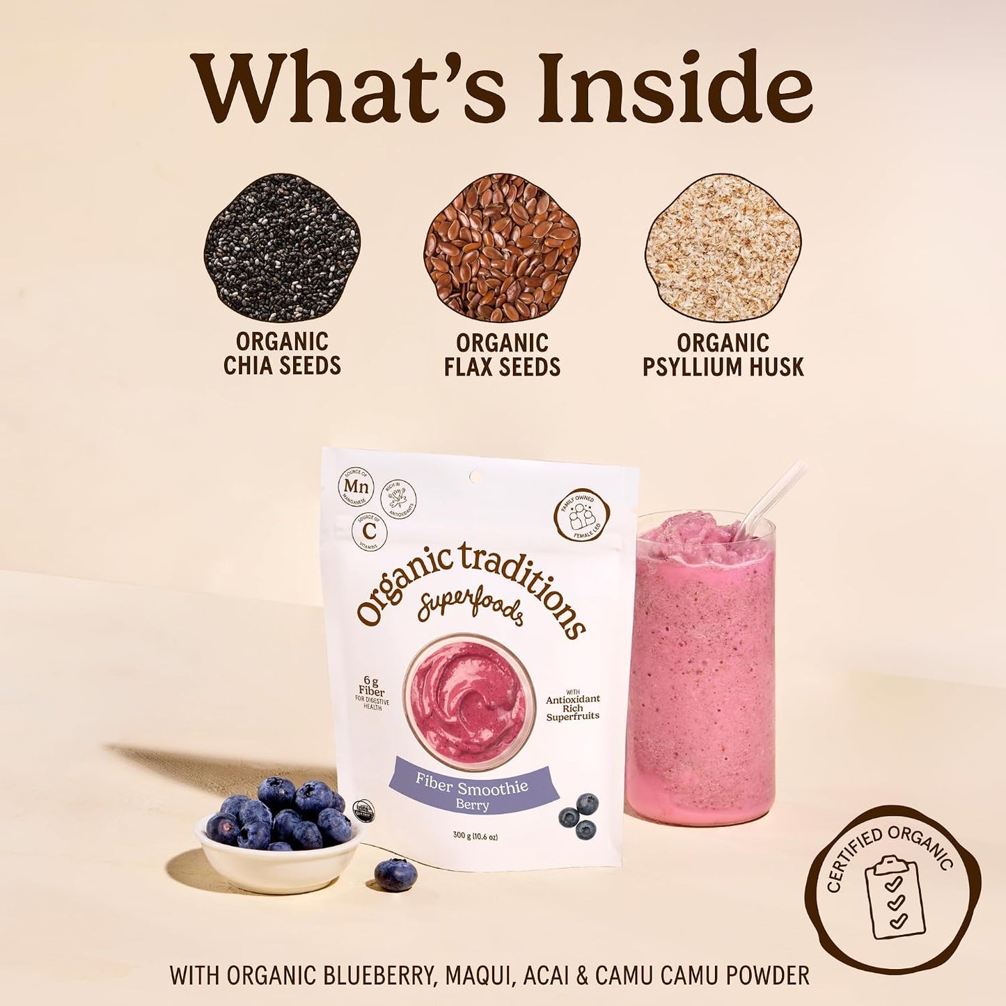 Organic Traditions Fiber Smoothie Berry, Prebiotic Fiber Powder with Chia, Flax, Acacia, Psyllium, Superfruits and Superfood Blend, Supports Digestive Health and Daily Wellness, 300g /10.6oz