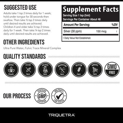 Bioactive Colloidal Silver - 8 oz, Glass Bottle, Vegan, Safe Doses with Highest Effectiveness - Nano Ions, 30 PPM - Immune Support (48 Servings)