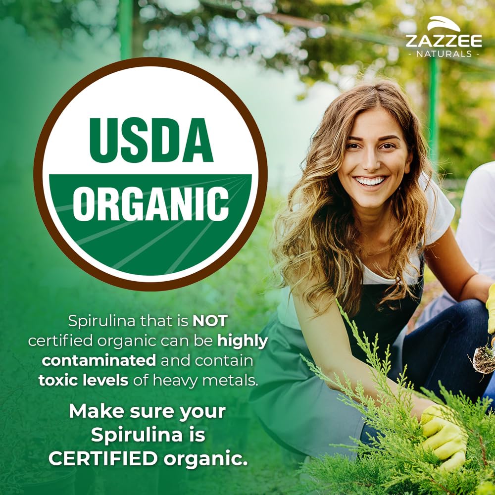 Zazzee USDA Organic Spirulina Powder, 2.2 Pounds (1 KG), 303 Servings, Certified Kosher, 100% Pure, Non-Irradiated, Mess-Free Wide Mouth Container, Fresh Smell and Neutral Taste, Non-GMO, Made in USA