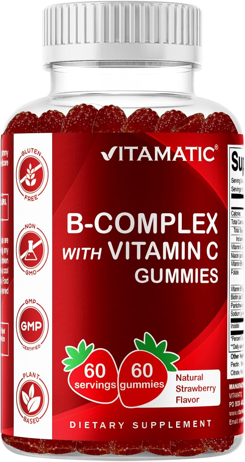 Vitamatic Vitamin B Complex Gummies with Vitamin C & Inositol - Natural Strawberry Flavor - 60 Gummies (1 Bottle)