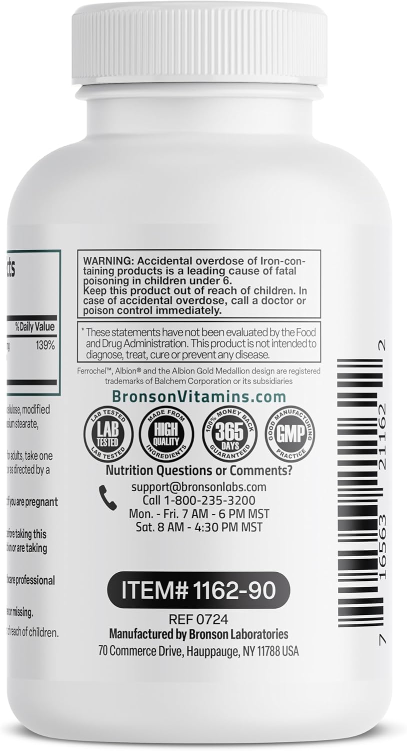 Bronson Iron Bisglycinate 25 mg, 90 Vegetarian Capsules | Gentle on the Stomach, Non-Constipating, Supports Energy & Red Blood Cell Production, Non-GMO, Gluten-Free & Soy-Free