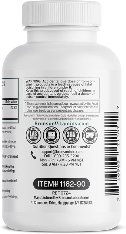 Bronson Iron Bisglycinate 25 mg, 90 Vegetarian Capsules | Gentle on the Stomach, Non-Constipating, Supports Energy & Red Blood Cell Production, Non-GMO, Gluten-Free & Soy-Free