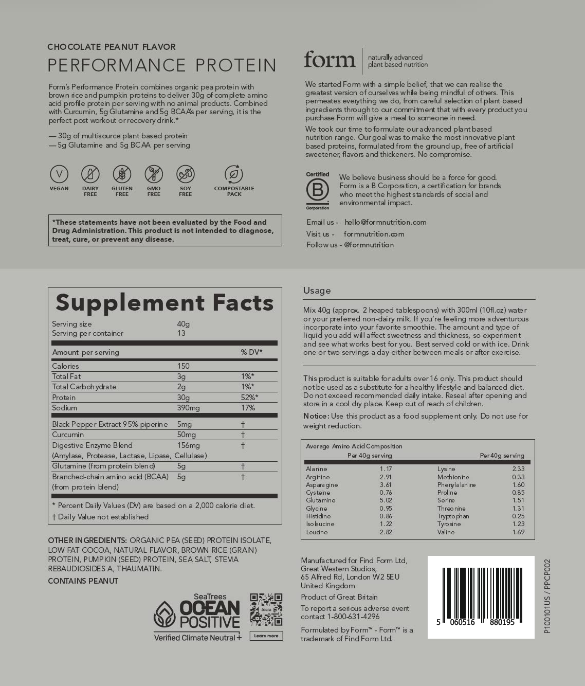 Form Performance Protein - Vegan Protein Powder - 30g of Plant Based Protein