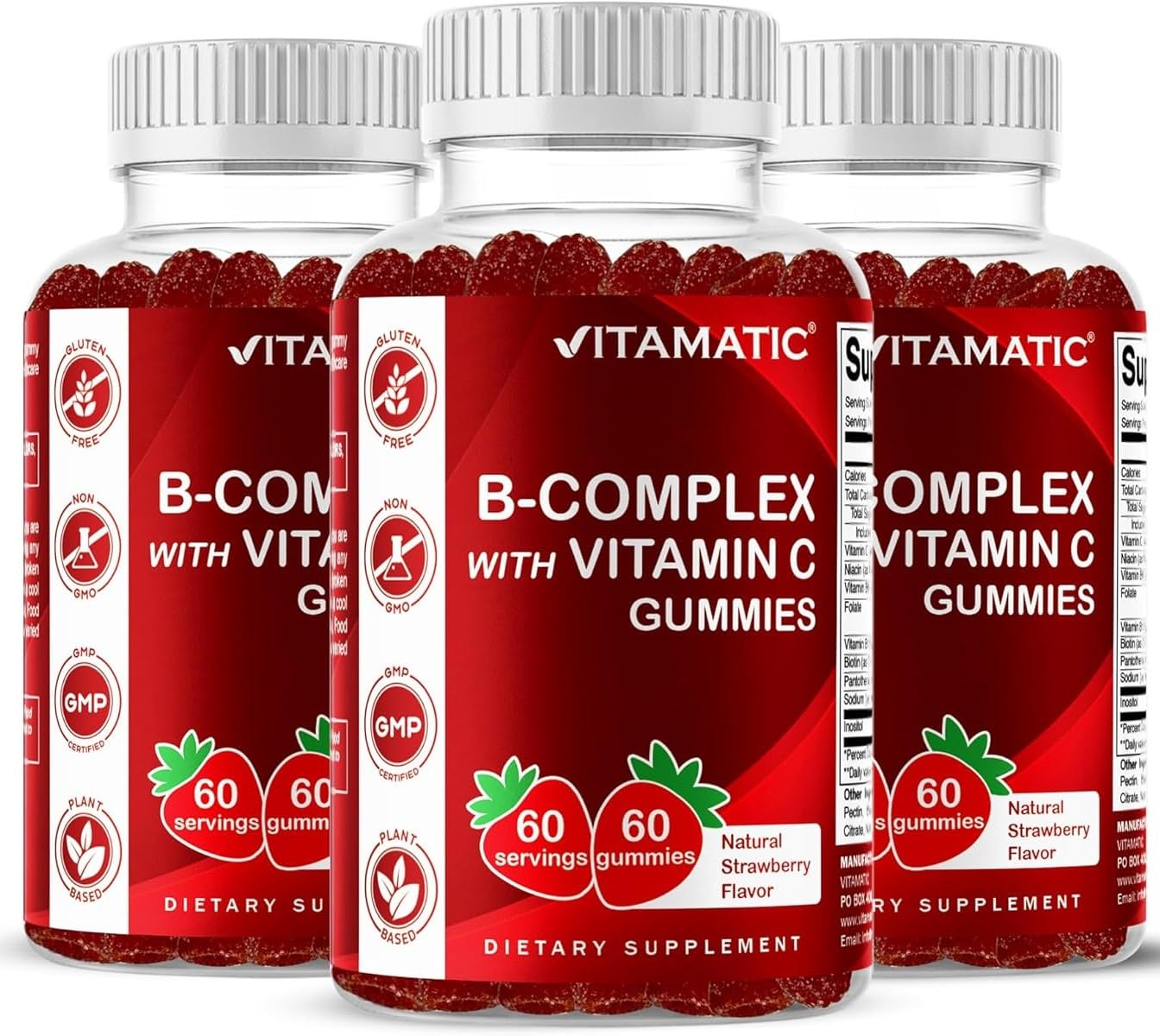 Vitamatic Vitamin B Complex Gummies with Vitamin C & Inositol - Natural Strawberry Flavor - 60 Gummies (1 Bottle)