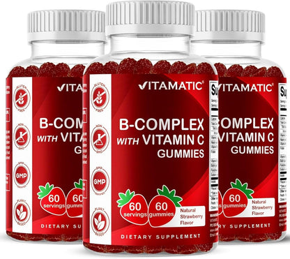 Vitamatic Vitamin B Complex Gummies with Vitamin C & Inositol - Natural Strawberry Flavor - 60 Gummies (1 Bottle)