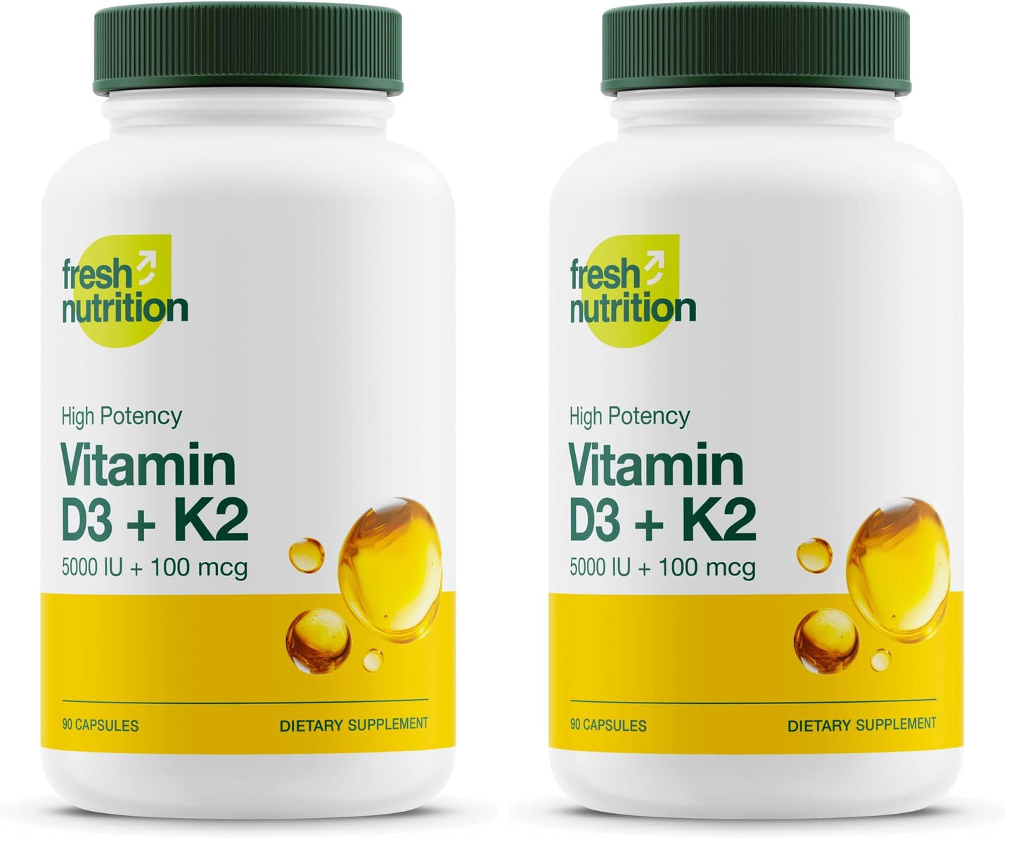 Fresh Nutrition Vegan Vitamin D3 + K2 Capsules - 5000 IU D3 + 100mcg K2 as MK-7 for Optimal Absorption - Immune Health, Bone Health, Mood - Non GMO - 90 Capsules, 3 Month Supply