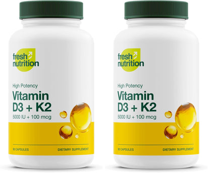 Fresh Nutrition Vegan Vitamin D3 + K2 Capsules - 5000 IU D3 + 100mcg K2 as MK-7 for Optimal Absorption - Immune Health, Bone Health, Mood - Non GMO - 90 Capsules, 3 Month Supply