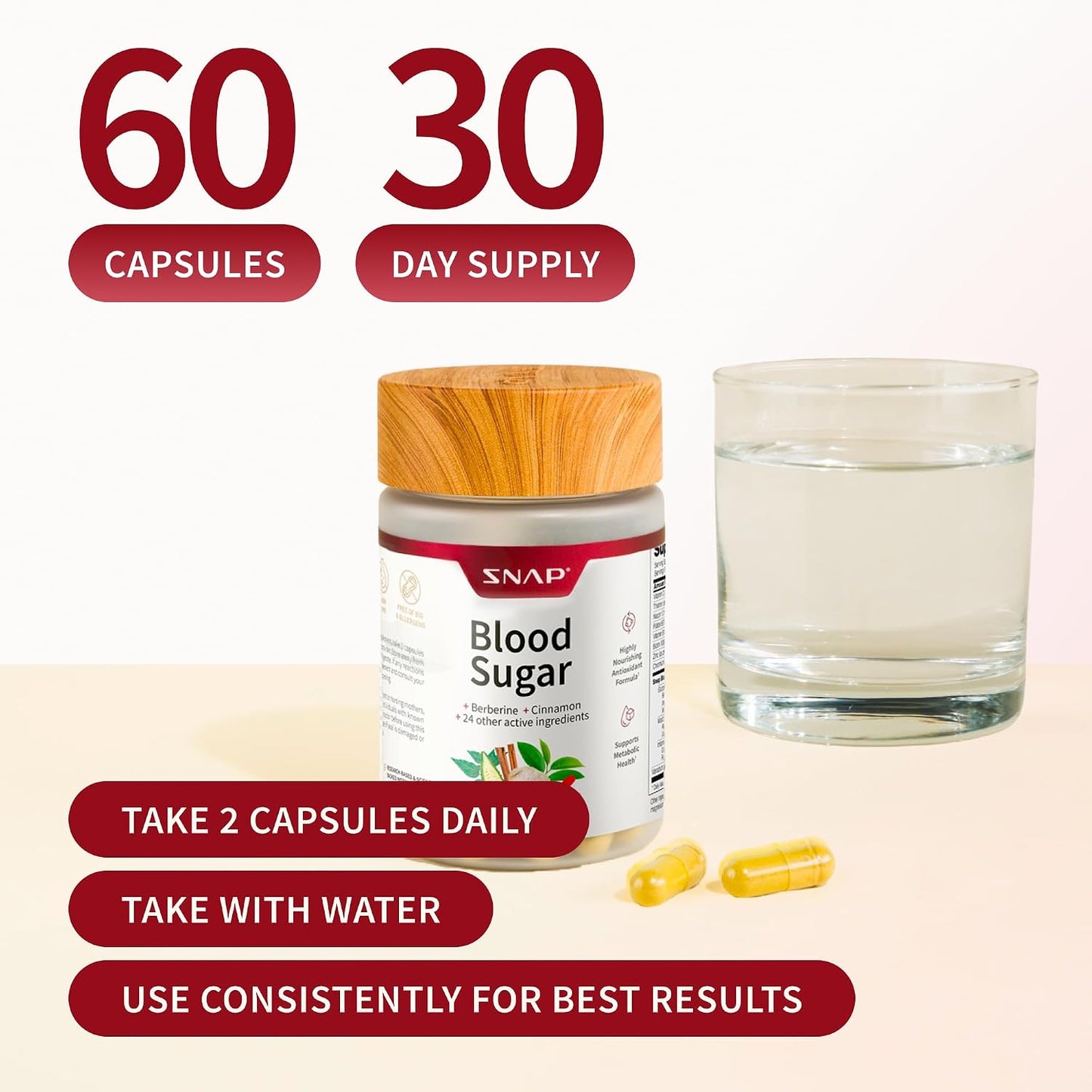 Snap Supplements Blood Sugar Blend with Berberine, CoQ10, 60 Vegan Capsules | Support Already Healthy Blood Sugar, Metabolic Health and Energy, Sugar Free, with CoQ10, Cinnamon (Packaging May Vary)