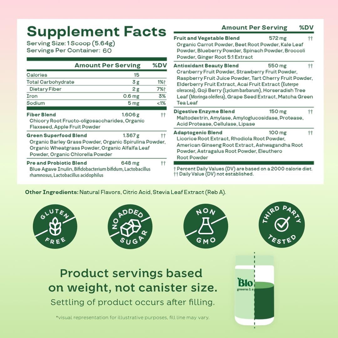 Bloom Nutrition Superfood Greens Powder, Berry, 30 Servings | Digestive Enzymes with Probiotics and Prebiotics, Gut Health, Bloating Relief for Women, Chlorella, Green Juice Mix