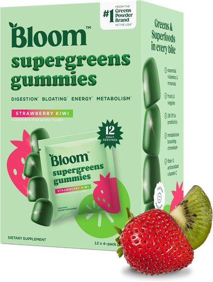 Bloom Nutrition Super Greens Gummies, Strawberry Kiwi, 12 Servings | Daily Superfood Fiber Gummies with Fruits, Vegetables, Vitamins & Minerals for Digestive & Gut Health, Bloating Support