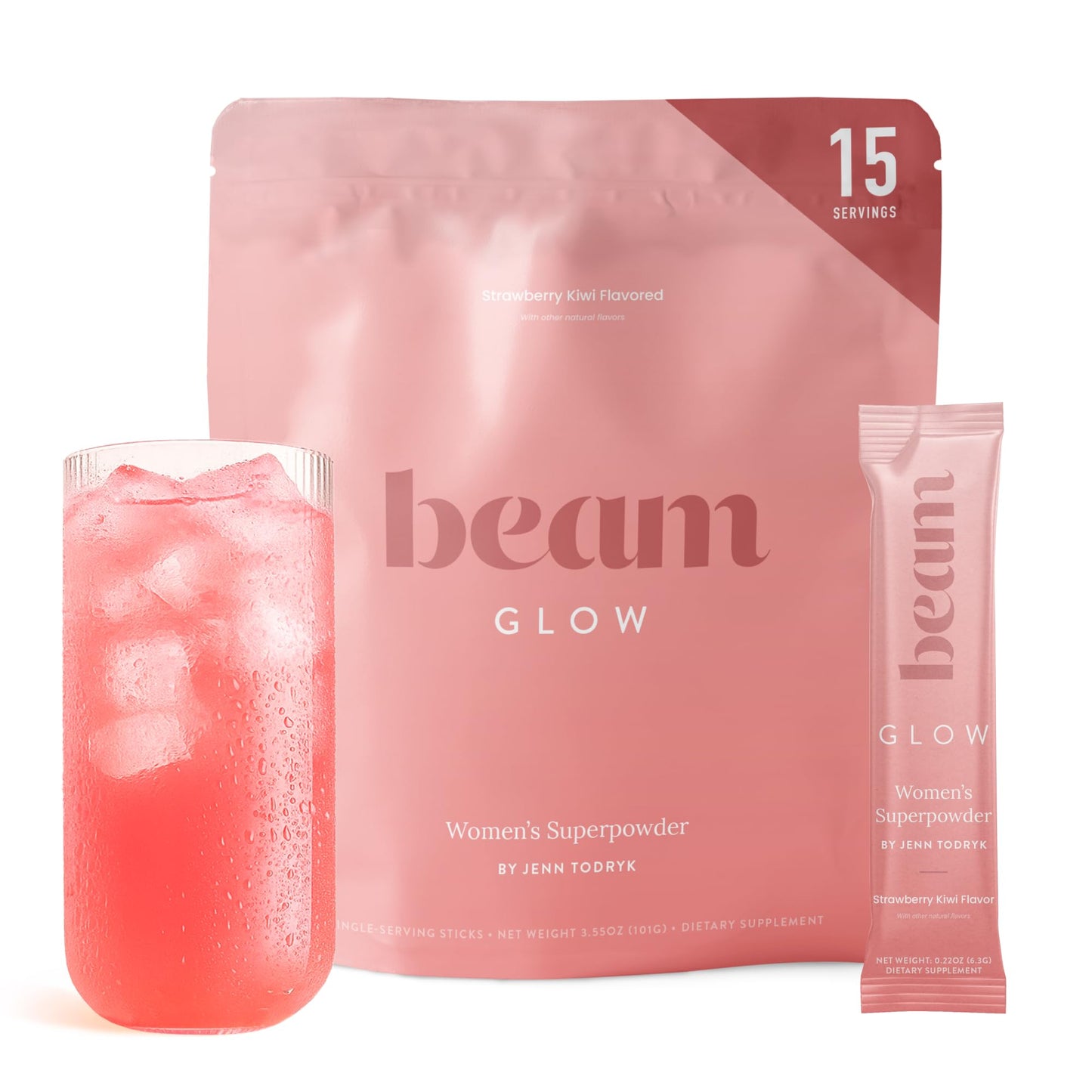 BEAM Glow Hormone Support & Cortisol Supplement for Women - Daily Vitamins for Women with Ashwagandha, Selenium, Zinc, Vitamin A, Biotin for Cycle Health, Mood & Energy, Strawberry Kiwi, 15 Servings