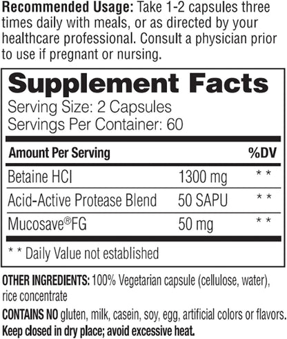 Enzymedica Betaine HCl for Men & Women - Betaine Hydrochloric Acid Supplement, Protease Digestive Enzyme Blend, Digestive Health Support, Occasional Heartburn & Indigestion Support, Vegan - 120 Caps