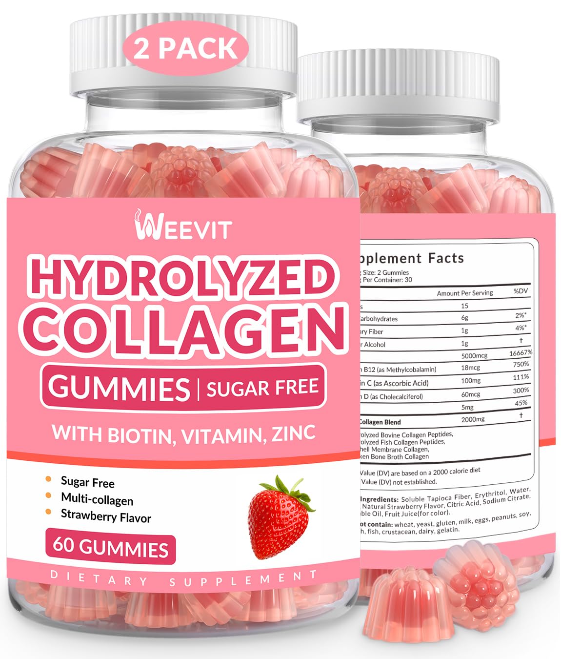Collagen Gummies for Women, Vegan Hydrolyzed Collagen Peptides Gummies with Biotin