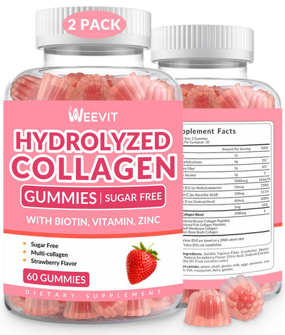 Collagen Gummies for Women, Vegan Hydrolyzed Collagen Peptides Gummies with Biotin