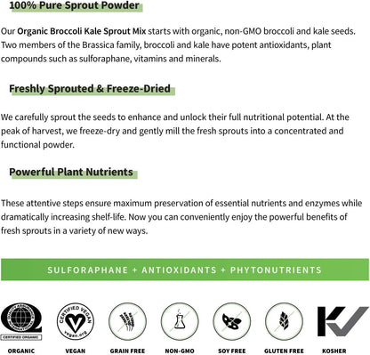 Sprout Living Broccoli and Kale Organic Sprout Mix, Freeze Dried Superfood Greens Powder, 100% Pure, Vegan, Non-GMO, Gluten Free (4 ounces, 32 servings)