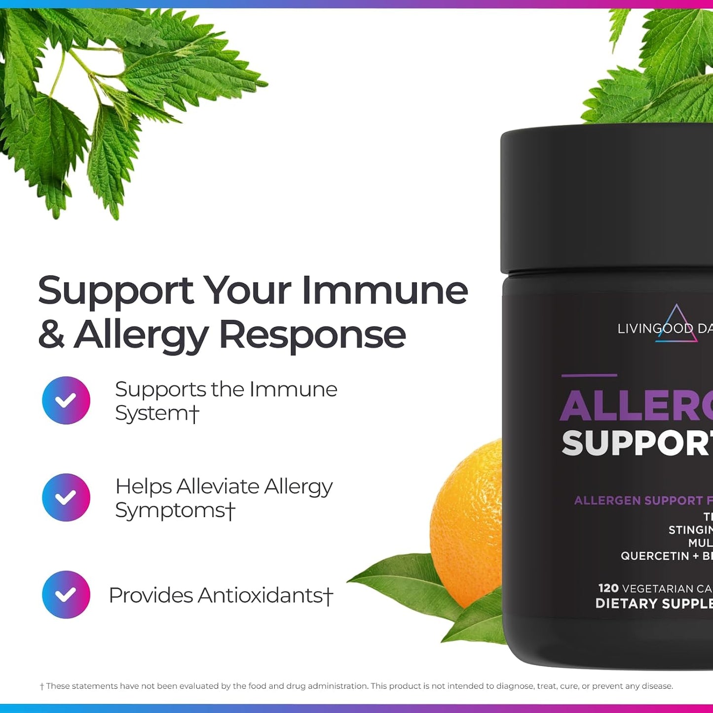 Livingood Daily Allergen Support, Natural Allergy Supplement with Vitamin C, Quercetin, Nettle Leaf, Zinc, Bromelain & Tinospora, Non GMO, Vegan, Immune Support Formula, 120 Vegetarian Capsules