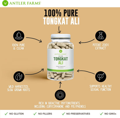 Antler Farms Tongkat Ali Extract 200:1-500mg, 180 Capsules | 100% Pure, Eurycoma Longifolia Slow Grown Aged Roots from Indonesia – Men’s Health Support, Vegan, Gluten, Soy and Dairy Free