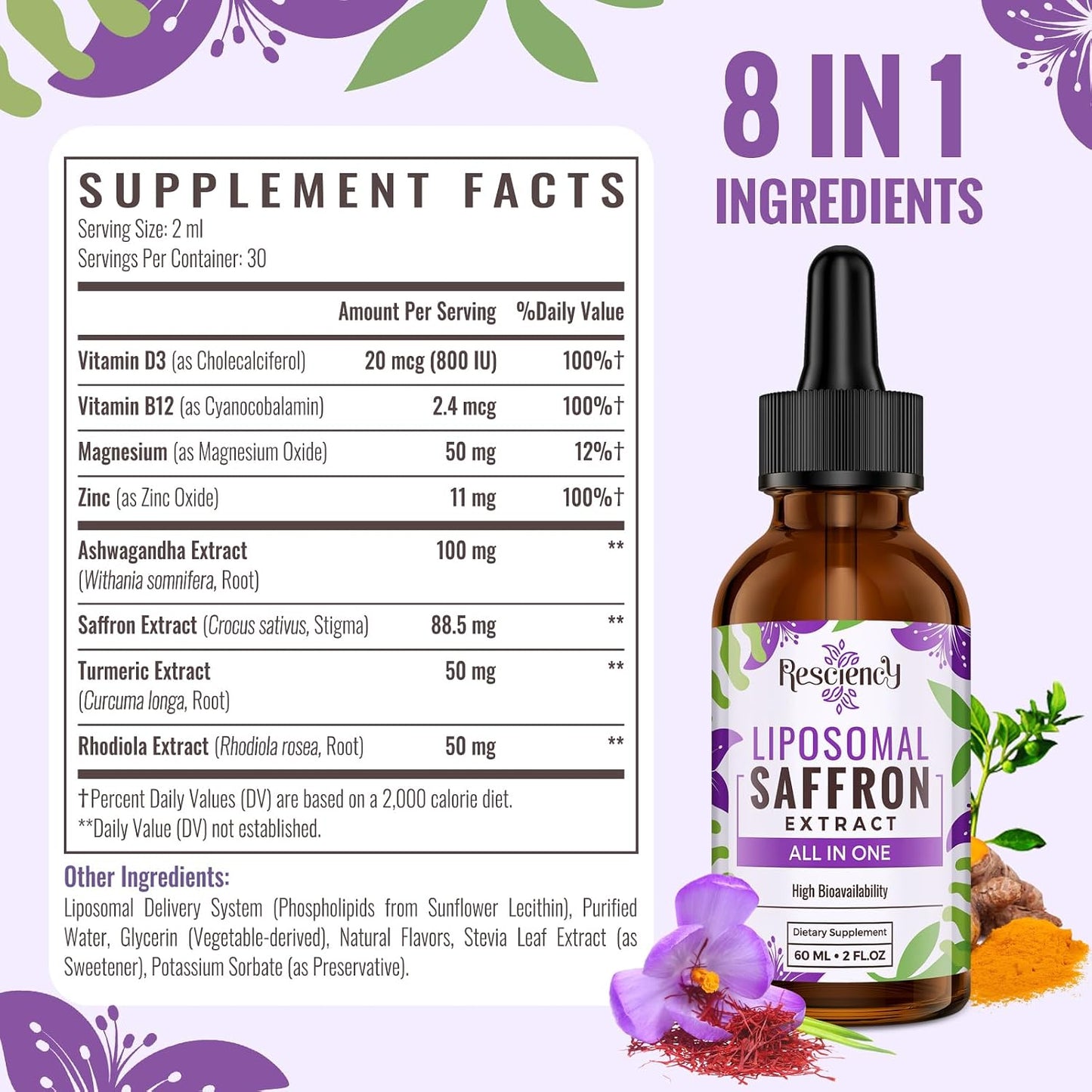 Saffron Supplements - 88.5 mg Saffron Extract Better Bioavailability Liposomal Drops for Mood, Energy, Vision & Focus with Ashwagandha, Turmeric, Magnesium, Zinc, Vitamin B12 & D3, 60 ml, 30 Servings | Liposomal Formula, With Ashwagandha, Magnesium, Zinc,