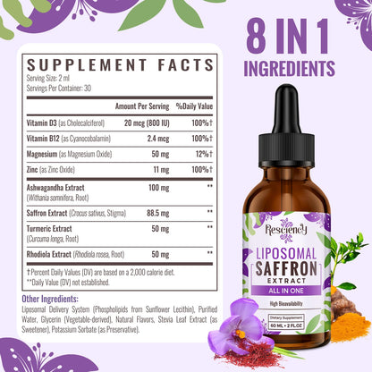 Saffron Supplements - 88.5 mg Saffron Extract Better Bioavailability Liposomal Drops for Mood, Energy, Vision & Focus with Ashwagandha, Turmeric, Magnesium, Zinc, Vitamin B12 & D3, 60 ml, 30 Servings | Liposomal Formula, With Ashwagandha, Magnesium, Zinc,