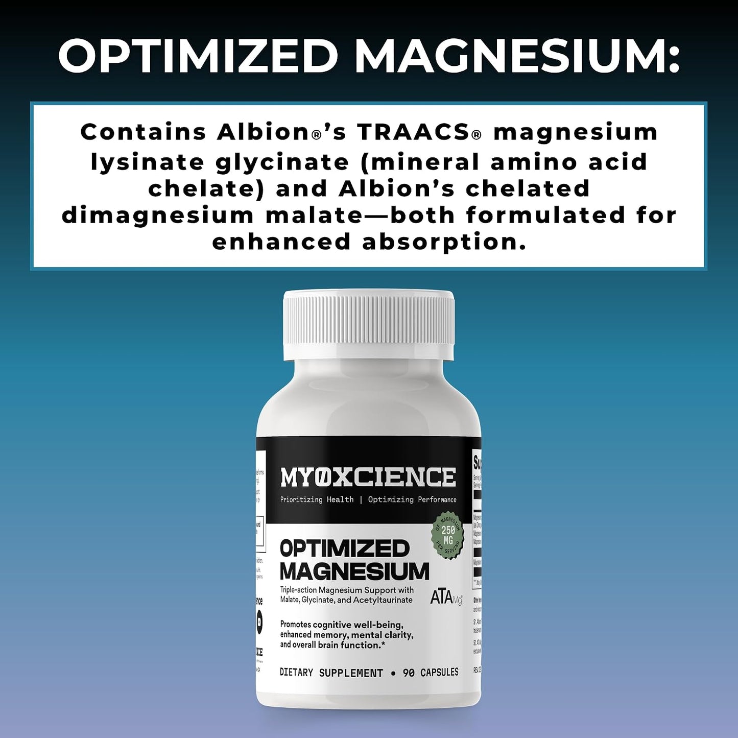 MYOXCIENCE Optimized Magnesium Glycinate + Magnesium Taurate (as ATAmag®) for High Brain Bioavailability to Support Stress Relief and Sleep | 30 Servings