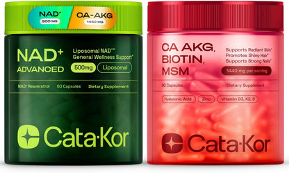 Cata-Kor NAD+ Supplement & Ca-AKG Complex - Liposomal NAD+ Supplement with Resveratrol (60 Capsules) & Ca-AKG, MSM, Hyaluronic Acid & Biotin Beauty Complex (90 Capsules)