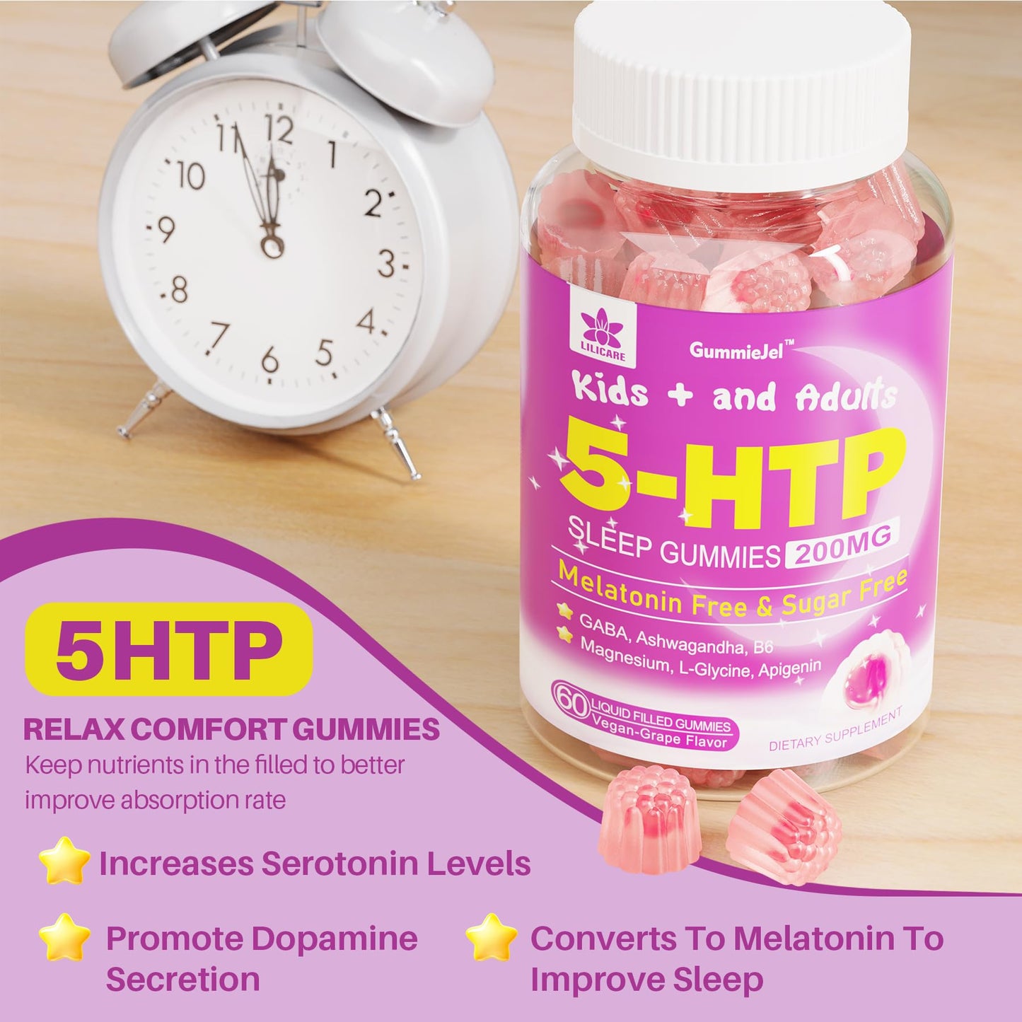 5HTP Gummies for Adults & Kids 8+, Melatonin Free Gummies with Magnesium Glycinate, GABA, L-Glycine, Ashwagandha, Vitamin B6 for Delicious Zzzs, Brain & Muscle Relaxation, 0 Sugar 60 Count (Pack of 1)