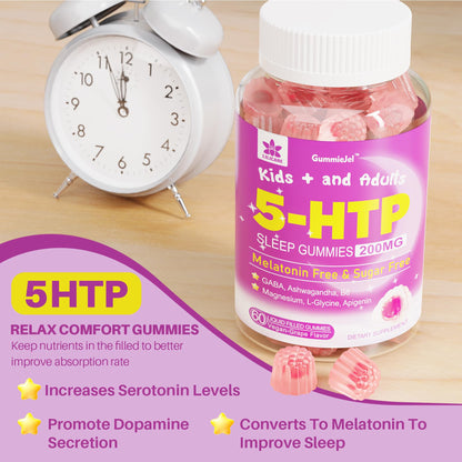 5HTP Gummies for Adults & Kids 8+, Melatonin Free Gummies with Magnesium Glycinate, GABA, L-Glycine, Ashwagandha, Vitamin B6 for Delicious Zzzs, Brain & Muscle Relaxation, 0 Sugar 60 Count (Pack of 1)
