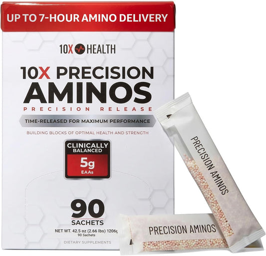 10X Health Amino Acids Supplement - 90 Sachets | Eaa Supplement: Time-Release Microbead Technology, 7-Hour Delivery, 90 Sachets