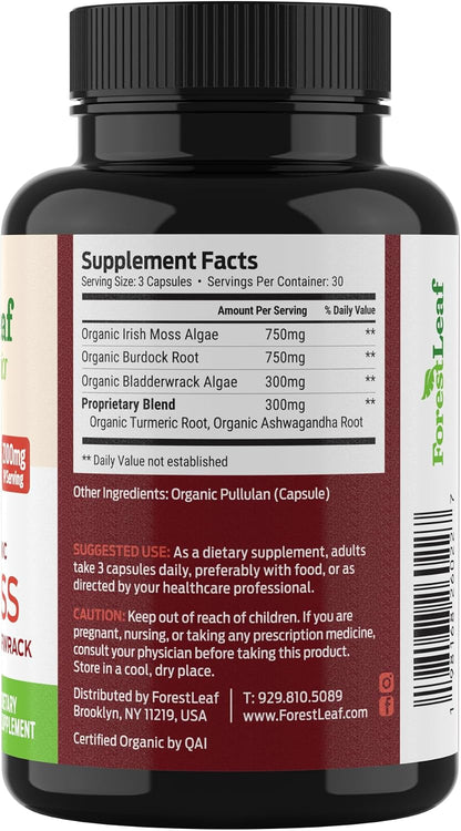 ForestLeaf Organic Irish Sea Moss Capsules | 2100mg Raw Seamoss Pills Advanced Supplement Superfood + Burdock, Bladderwrack for Digestive, Respiratory, Immune Health | 90 Vegan Organic Sea Moss Caps